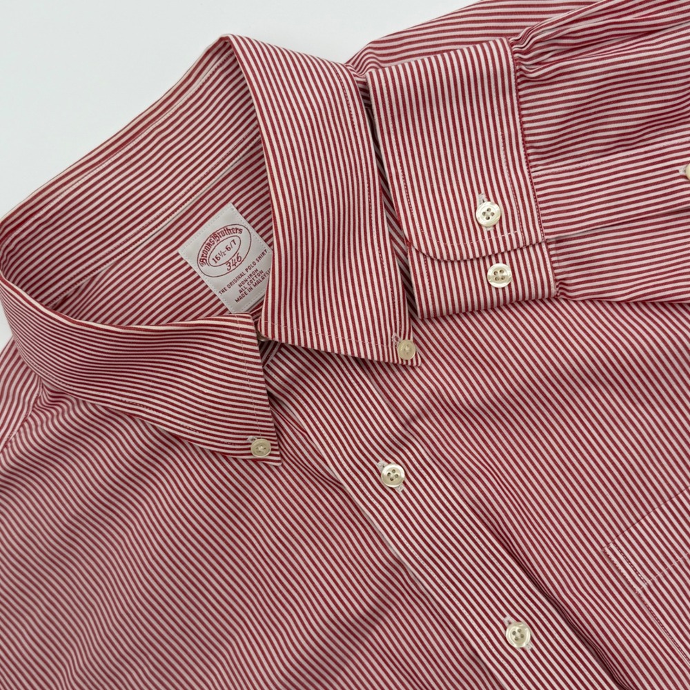 Brooks Brothers 346 Mens 16.5 6/7 Red White Striped Non-Iron Button Down Shirt